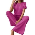 thumbnail image 3 of Traje Informal de Dos Piezas para Mujer, para Viajes y Vacaciones de Verano, con Corta y Pantalones Anchos. Rosa Roja L, 3 of 7