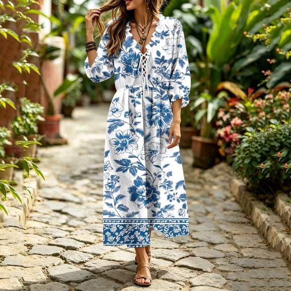 Karymi Spring Dresses for Women Floral Print Bohemian Maxi Dress, Ruffle V Neck Lace-Up Front 3/4 Puff Sleeve Elastic Waist Flowy Beach Vacation Sundress Summer Dress