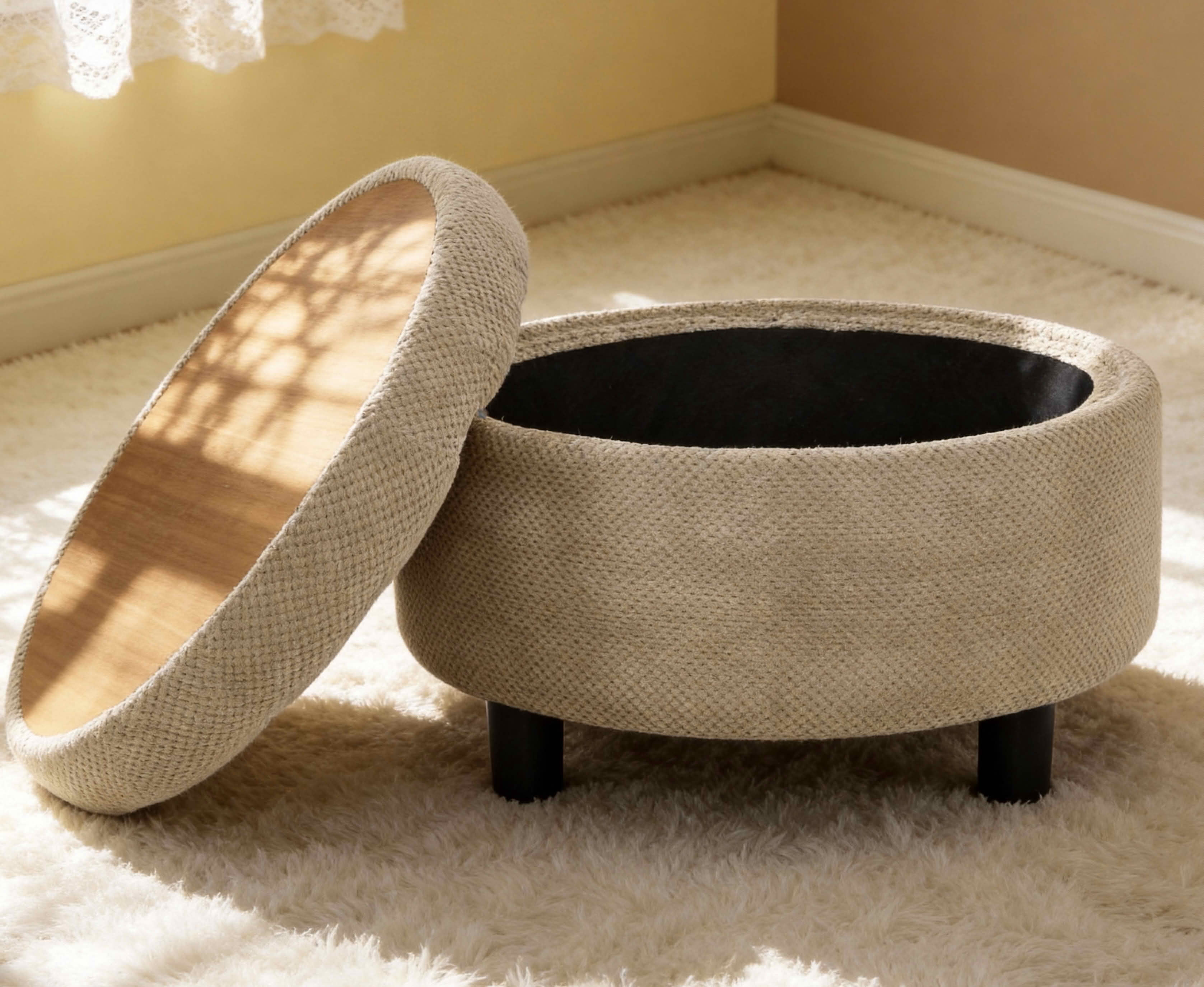 MAYEERTY 25 In Round Storage Ottoman with Tray, Tufted Fabric, Coffee Table Ottoman, Camel