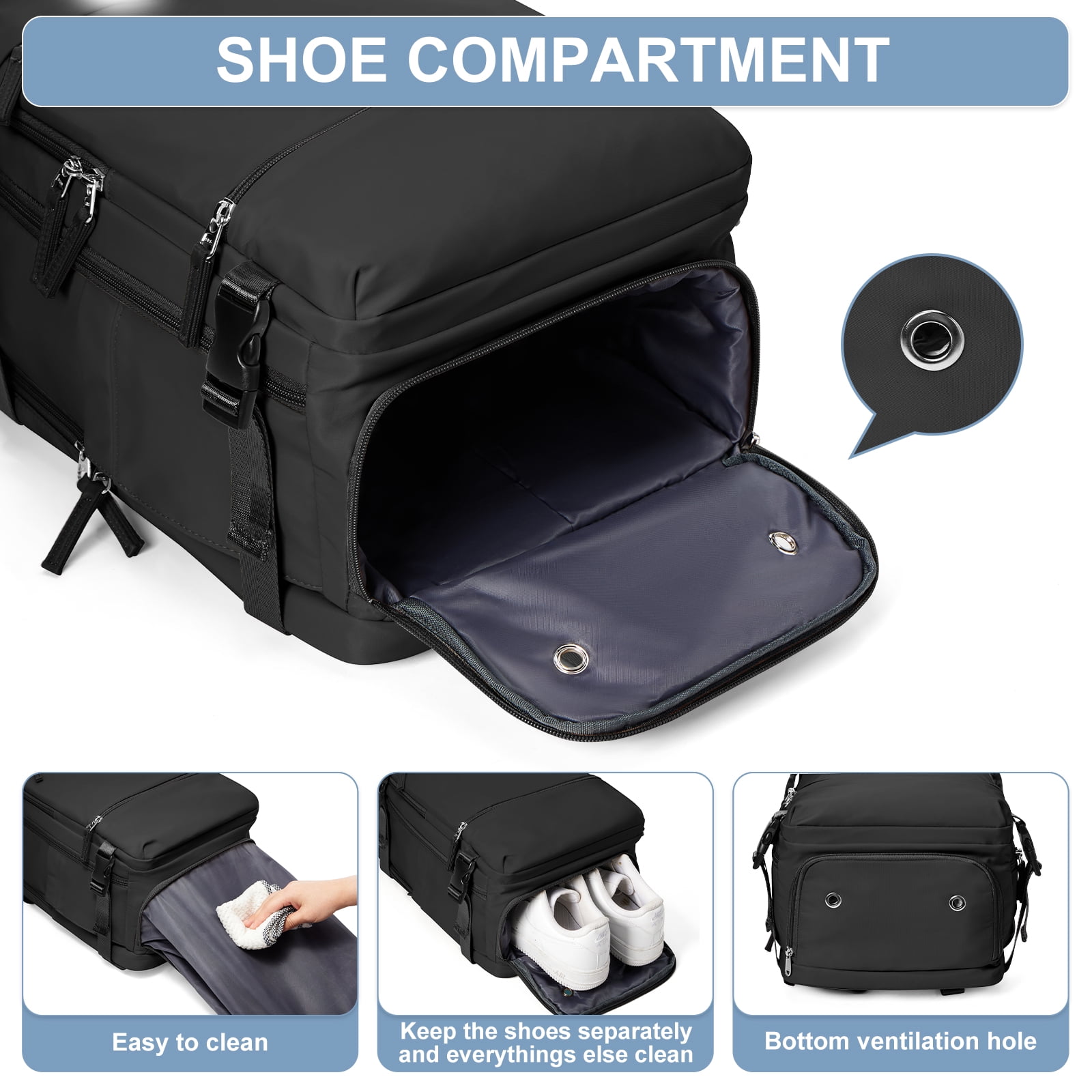 Travel Backpack Simple Durable Carry On Backpack with Shoe Compartment, Personal Item Travel Bag Flight Approved, Water Resistant Laptop Backpack for Women Men Weekender Business, Black