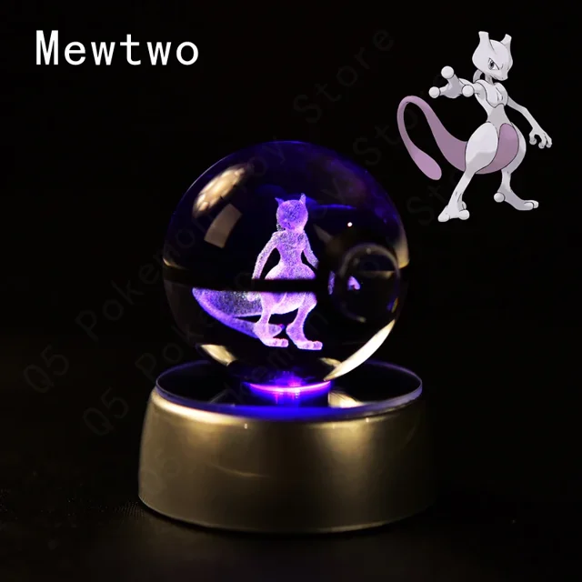 3D Pokemon Crystal Ball 8CM 5CM Mewtwo Pikachu Gengar Crystal Glass Pokemon Ball Pokeball Figure Night Light LED Lamp Base Gift