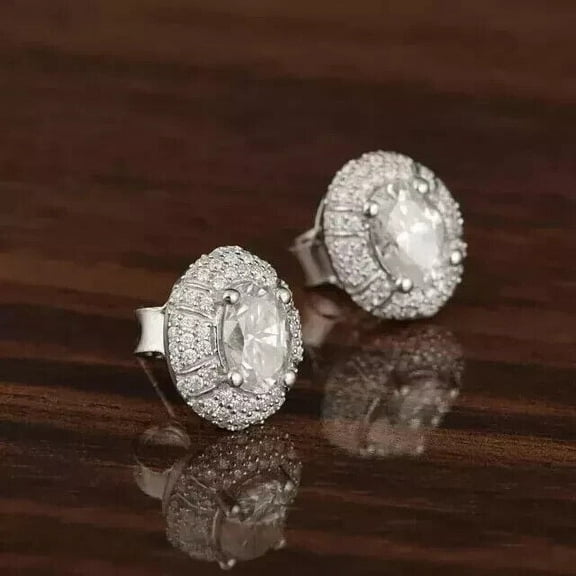 2.30Ct Oval Cut Lab Created Diamond Cluster Halo Women Stud Earrings 14K White Gold Plated 925 Silver