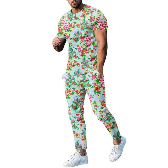 Costumes pour Hommes / Catégorie de Produits spotlight Ensembles de Costume pour Hommes Printemps et Automne Floral T-Shirt à Manches Longues avec Col Rond et Bas Coordonnés Tendance Mode Moderne