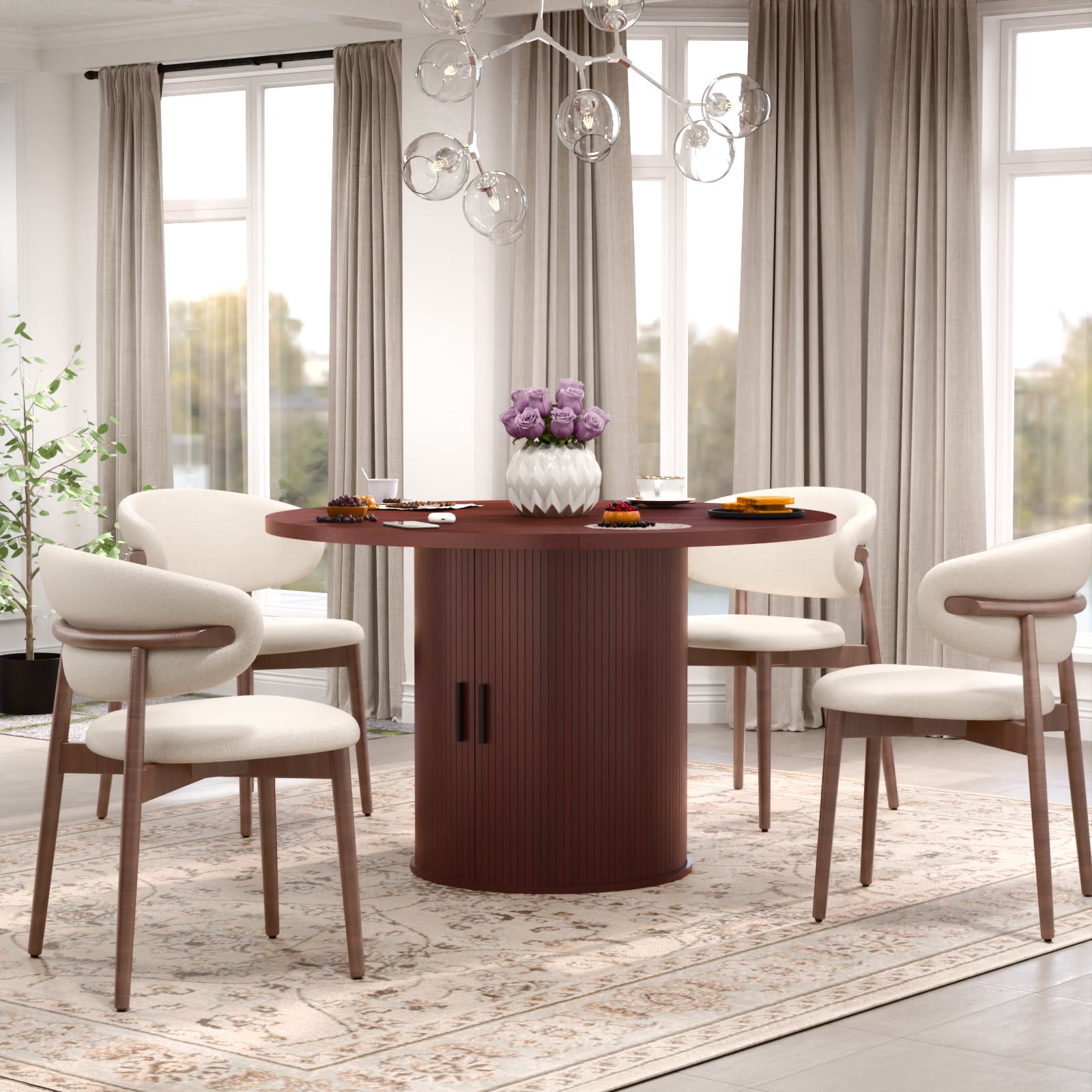 Hommpa 48" Round Dining Table with Storage, Morden Kitchen Table Wood for 4 with 2-Layer Storage Shelves and Wood Slide Door for Kitchen for Party Holiday Festival Christmas Gift, Brown