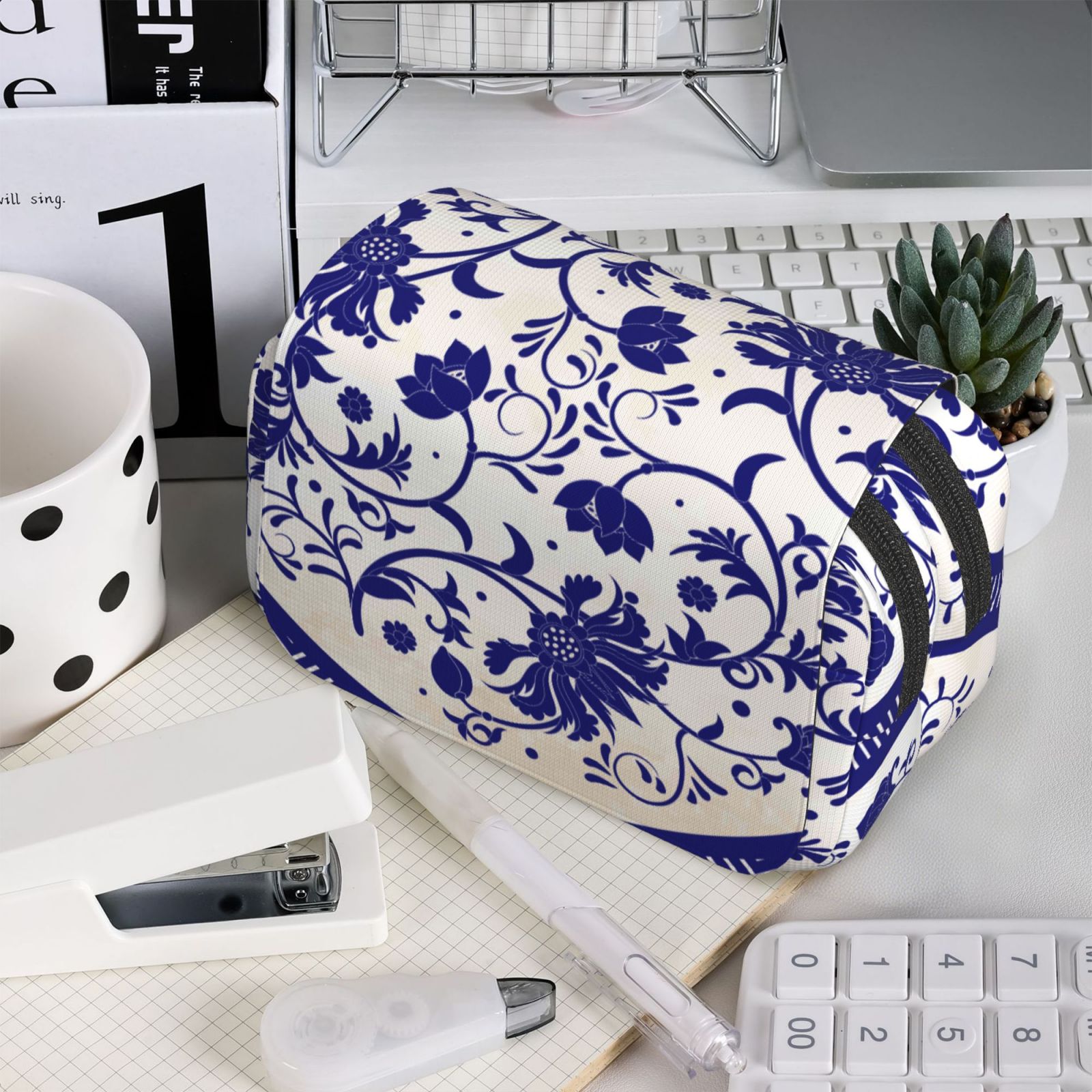 Rateoe Blue And White Porcelain Pattern Pattern Double Clamshell Pen Case, Storage Organizer with Two Zipper Compartments– Holds Up to 50 Pencils & Pens