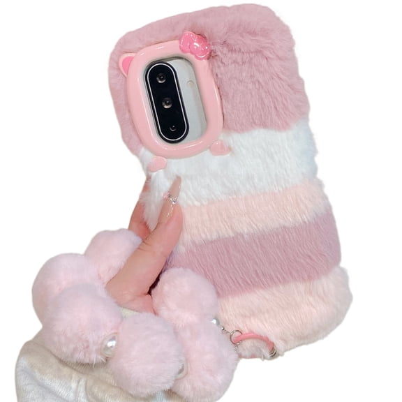 for Samsung Galaxy A17 (4G/5G) Furry Plush Phone Case Handmade Candy Color Pink White Stripes with Fluffy Fur Ball Bracelet for Women, Cute Raised Camera Bump Protection Frame
