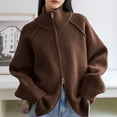 thumbnail image 6 of Womens Knit Sweater Full-zip Jacket Double Zippers High Neck Loose Long Sleeve Fall Outerwear Sweaters Coat (Free Size, Brown), 6 of 7
