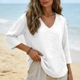 thumbnail image 5 of Oiangi Womens 3/4 Sleeve Blouses V Neck Textured Gauze Shirts Casual Summer Plain Tops White M, 5 of 5