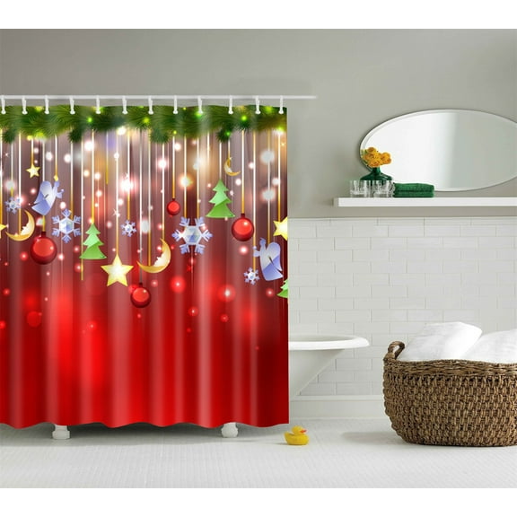 EUBUY Christmas Shower Curtain Waterproof Polyester Star Moon Shower Curtain with Hooks Bathroom Red 78.74"x70.86"