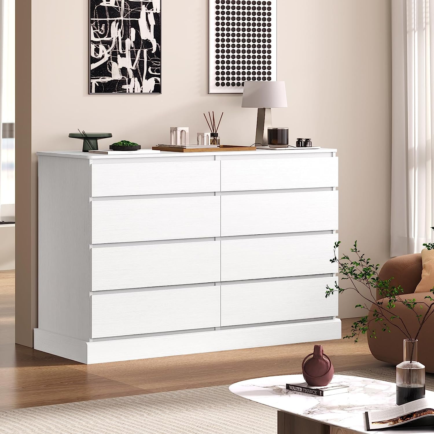 8 Drawers Double Dresser Wooden White Dresser Chest of Drawers for Bedroom,Large Storage Cabinet for Home Living Room