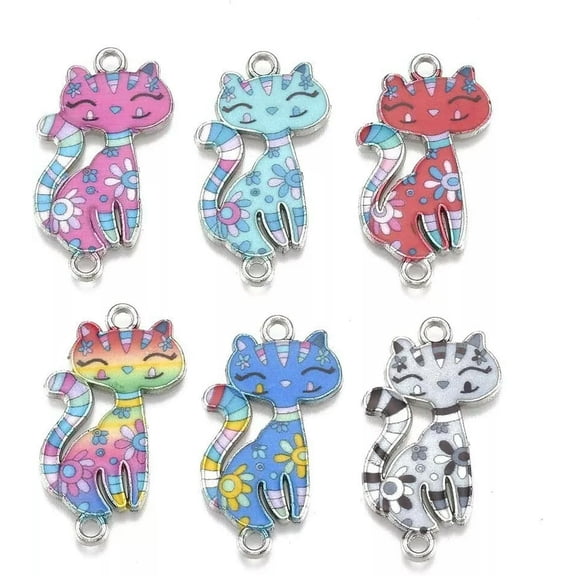 U8MO 4 Cat Charms Connector Pendants Silver Enamel Assorted Lot Link Jewelry