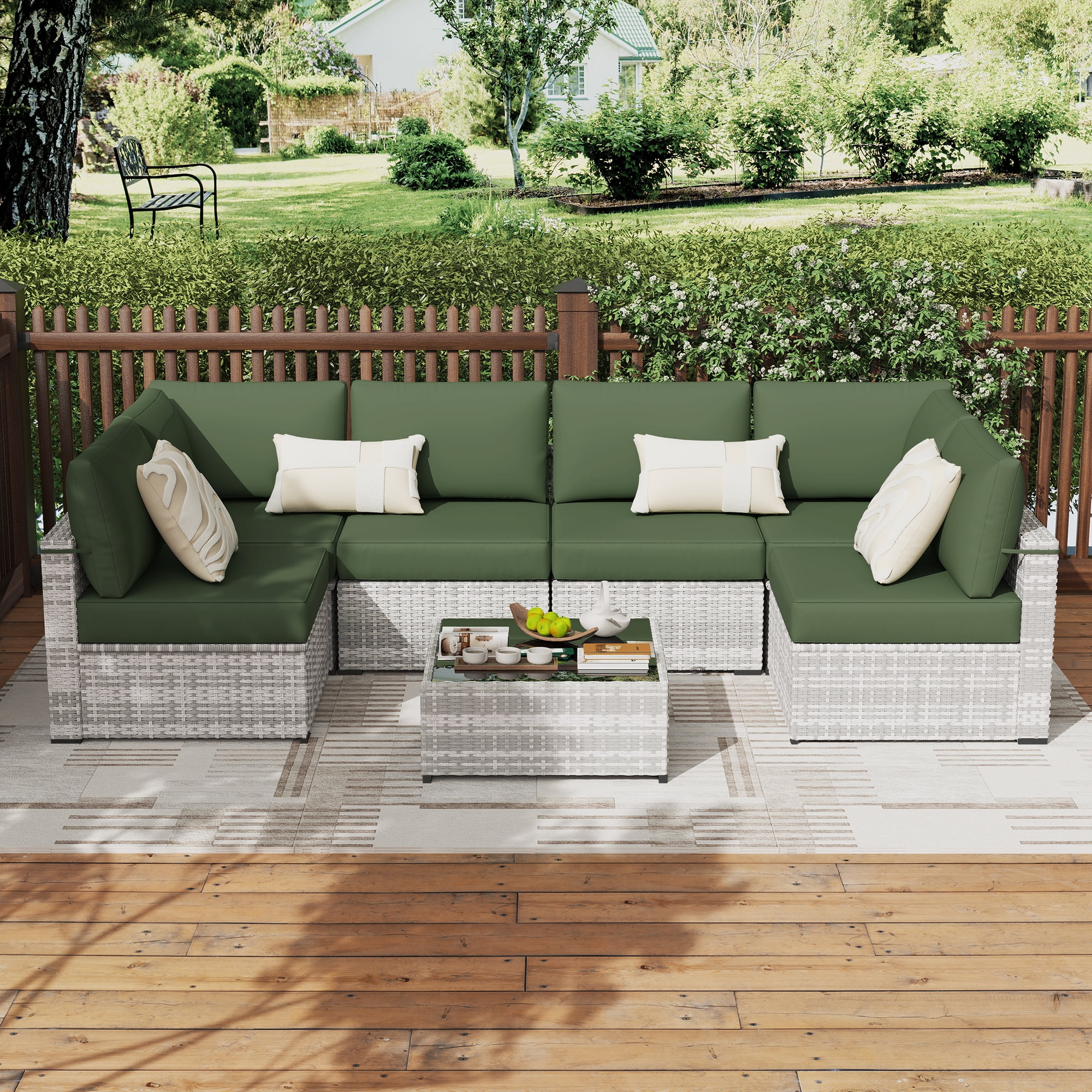 KIGOTY 7 Piece Outdoor Patio Furniture, Wicker Rattan Outdoor Conversation Set Sectional Sofas for Backyard, Garden,Grayish-White Dark Green