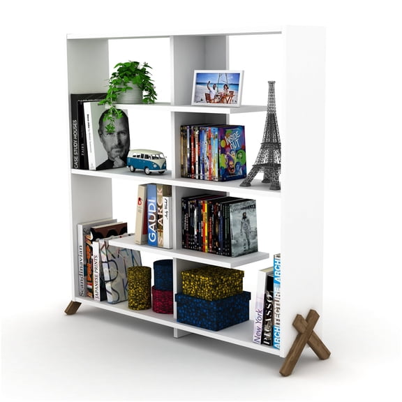 Walnut 6 Shelf Industrial Bookcase, Solid Wood Open Back Book Shelf Organizer for Living Room & Office Storage