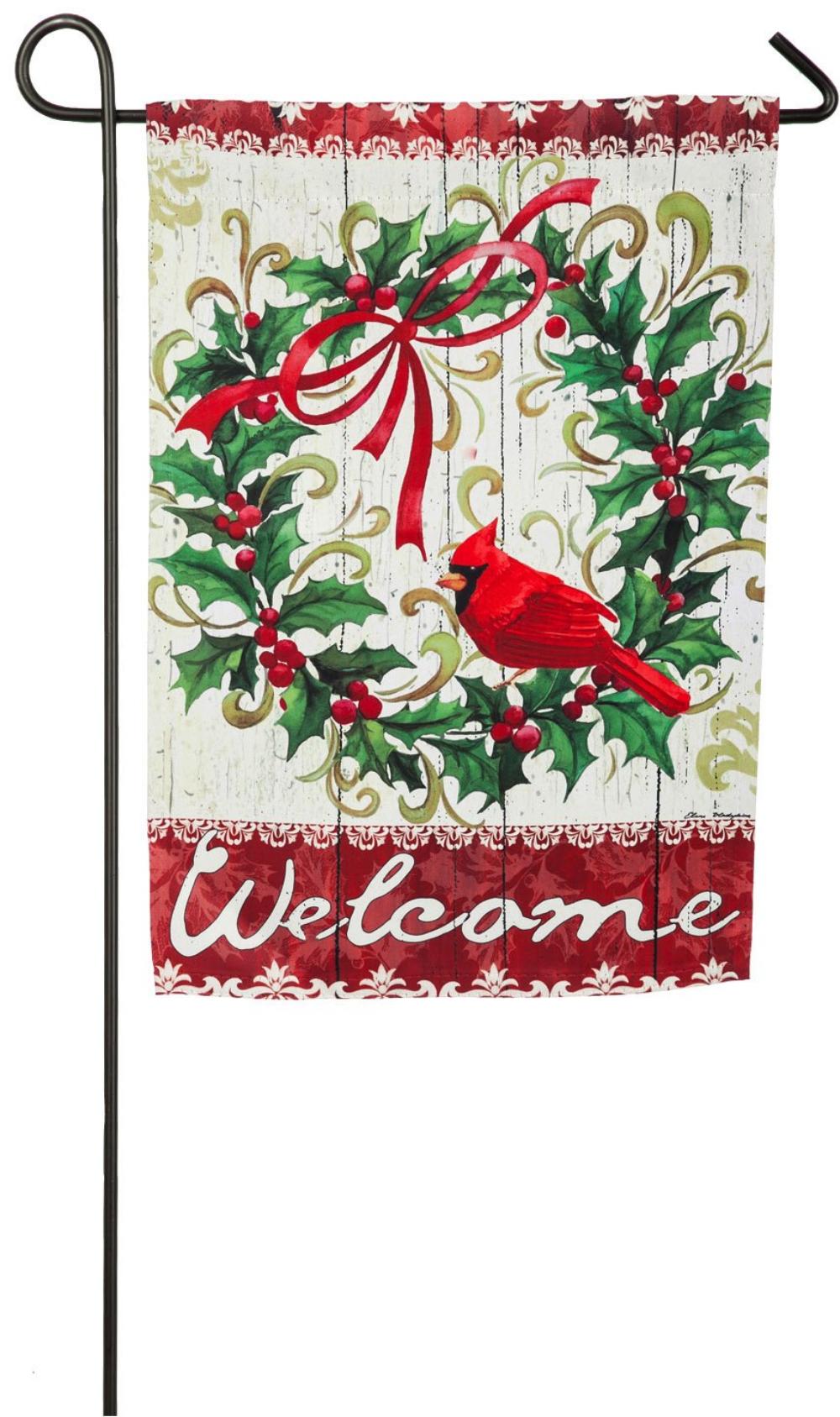Evergreen Cardinal and Wreath Suede Garden Flag, 12.5 x 18 inches