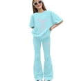 thumbnail image 2 of Caqnni 7-8 Years Teen Girls Tracksuit Short Sleeve Tops T Shirt And Flared Trousers Teenager 2 Piece Outfits Kids Sets For Teen Girls Running Tracksuit A30-Mint Green, 2 of 5
