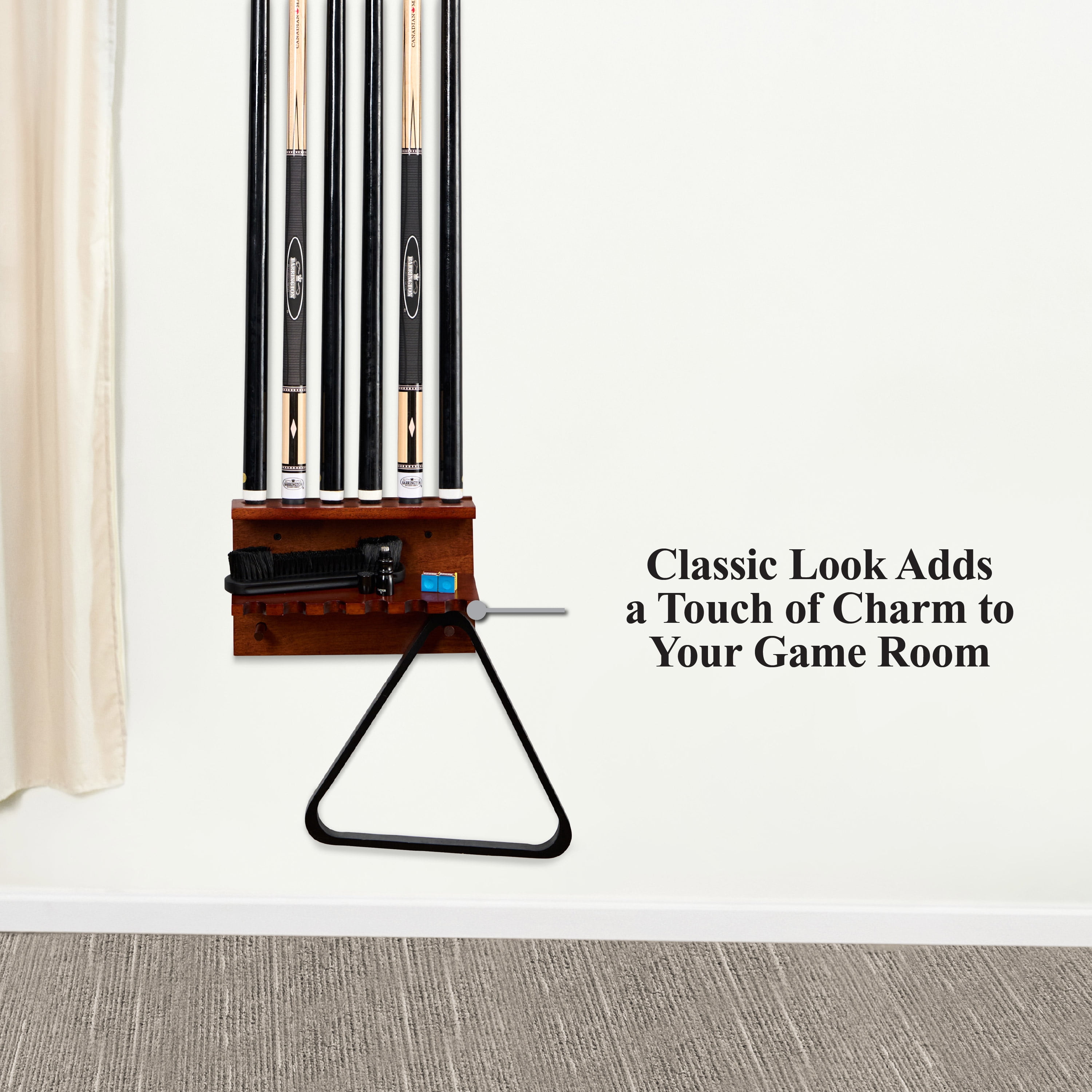 Wall Mount Pool Cue Rack with Six Slots and Accessory Storage by Barrington Billiards