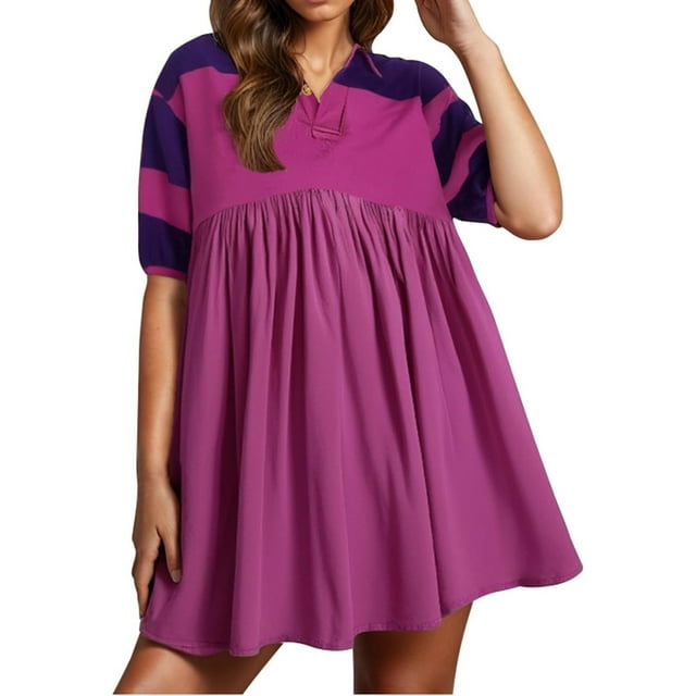 WILLBEST Vestido De Verano Para Mujer, Vestido De Verano Para Mujer, Vestido Informal De Gran Tamaño De Manga Corta Con Bloques De Color Y Cuello En V, Vestido Mini Camisero Fluido