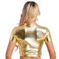 thumbnail image 5 of Blusa corta metalizada brillante para mujer, cuello alto, manga corta, corte ajustado, blusa de moda, camisola para fiesta, jazz, discoteca, rave, ropa de club, 5 of 5