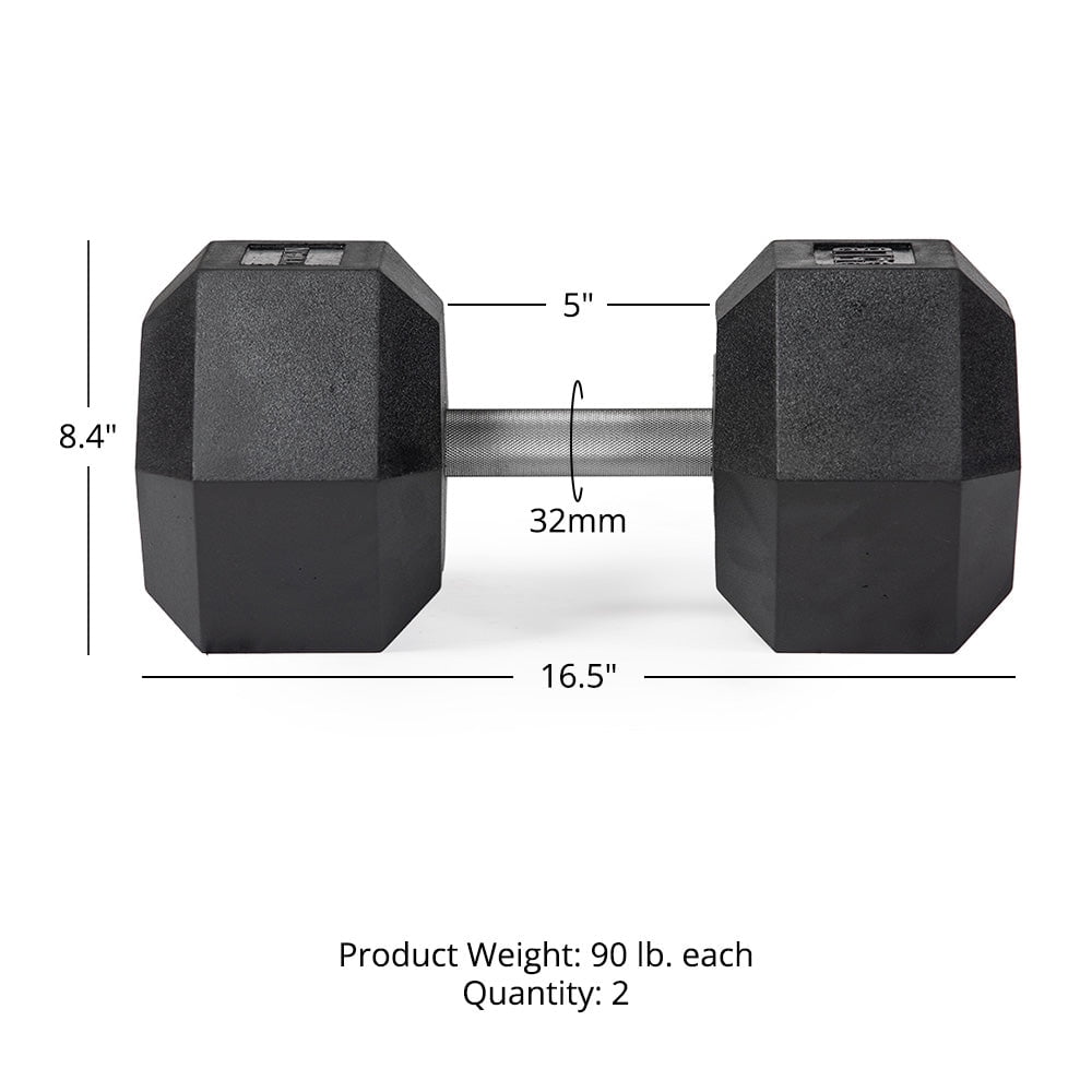 Titan Fitness 90 LB Pair Free Weights, Black Rubber Coated Hex Dumbbell, Straight Stainless Steel Handle, Strength Training, Full Body Workout