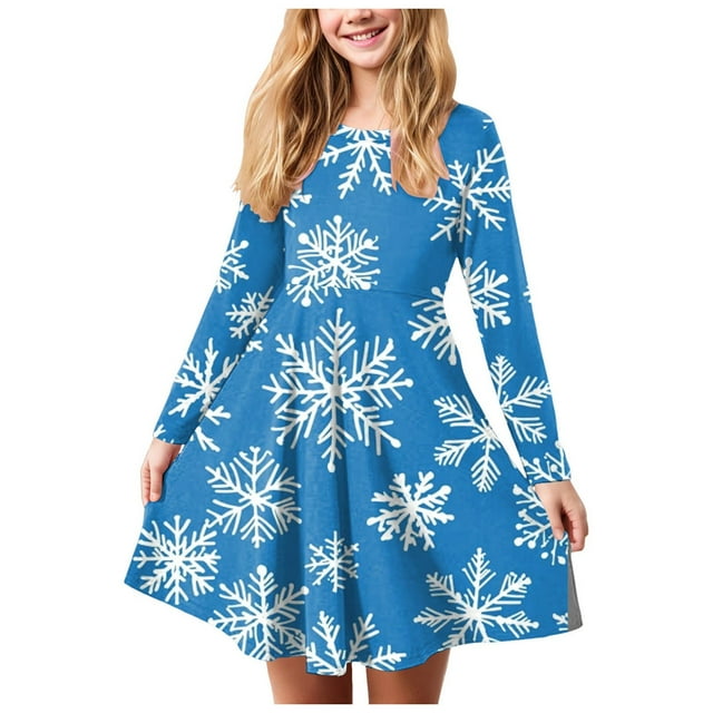 Splozh Robe à Manches Longues pour Fille Robe de Noël pour Fille Imprimé Bal Fête Fête de Noël Robes pour Fille Bleu, 9-10 Ans