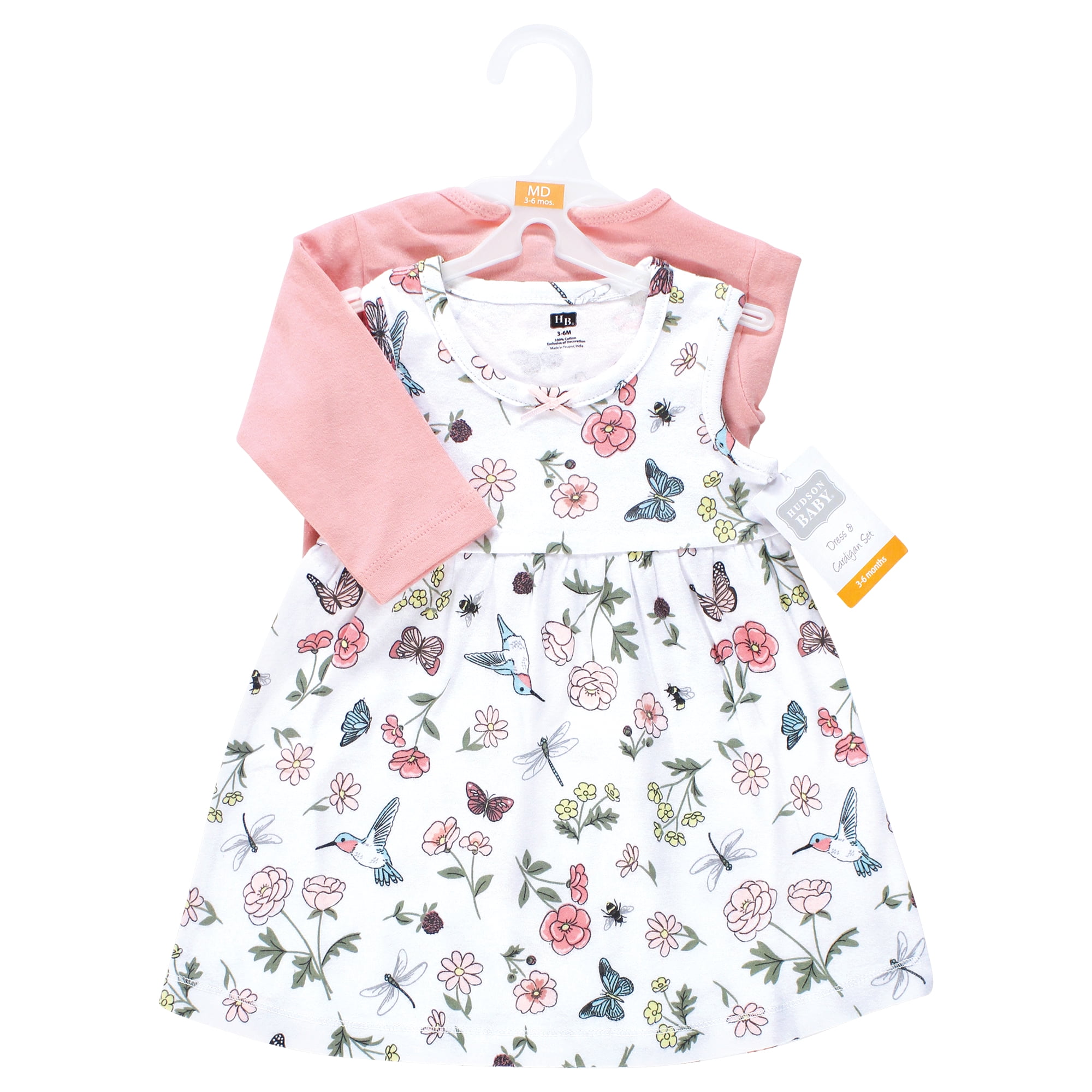 Hudson Baby Infant and Toddler Girls Cotton Dress and Cardigan Set, Hummingbird Garden, 3-6 Months