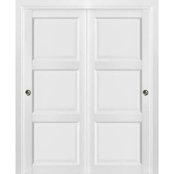 Sliding Closet Bypass Doors with hardware | Lucia 2661 White Silk | Sturdy Rails Moldings Trims Hardware Set | Pantry Kitchen 3-Panels Wooden Solid Bedroom Wardrobe Doors -36" x 84"