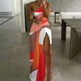 thumbnail image 2 of Wycnly Dresses for Women 2024 Fashion Summer Empire Waist One Shoulder Pleated High Slit Hem Tank Long Sundress Geometric Print Sleeveless Slash Neck Maxi Formal Dresses for Women Brown m, 2 of 6