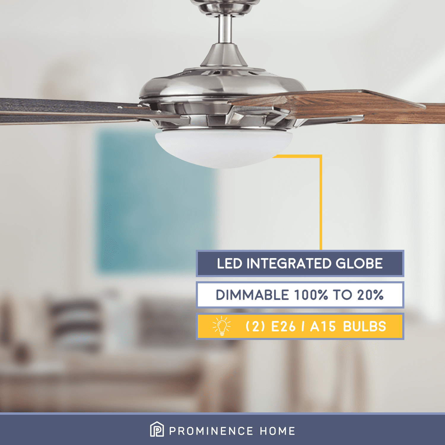 Prominence Home Clancy 52" Brushed Nickel Indoor Ceiling Fan with Light, 5 Blades, Remote & Reverse Airflow