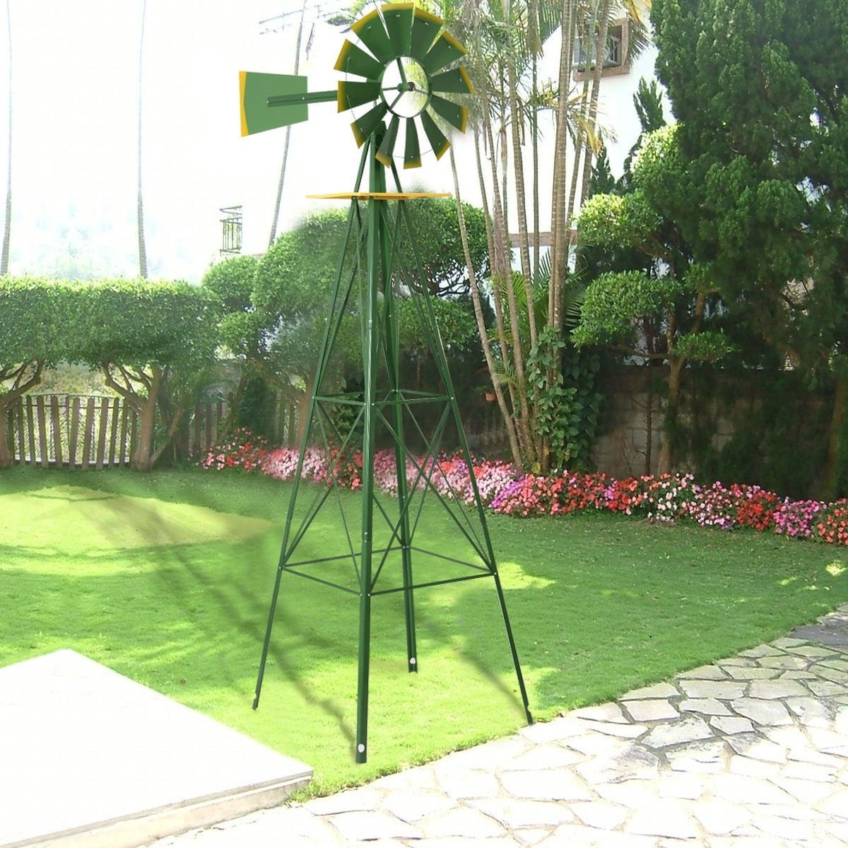 8Ft Tall Windmill Ornamental Wind Wheel Green And Yellow Garden Weather Vane by LOMIC