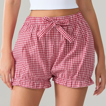 YKARITIANNA Womens Boxer Shorts Casual Summer Cotton Pajama Lounge Sleep Pj Gingham Plaid Shorts Y2K Beach Bottoms Red L