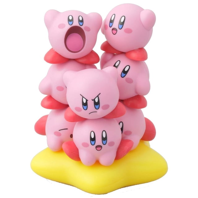 figura coleccionable ensky kirby nosechara apilable Surtido Kirby Nosechara con figuras apilables sobre base estrella amarilla; varios Kirbys rosas de aproximadamente 1 pulgada con pies rojos y expresiones distintas (sorprendido, feliz, enojado, dormido). A menudo se usa para exhibición en estanterías y colecciones.