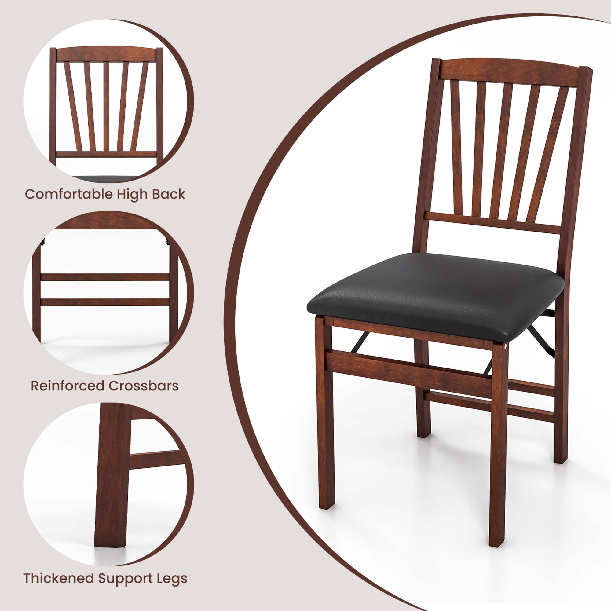 Costway 2 Pack Folding Dining Chairs Foldable Chairs with PVC Padded Seat & High Backrest
