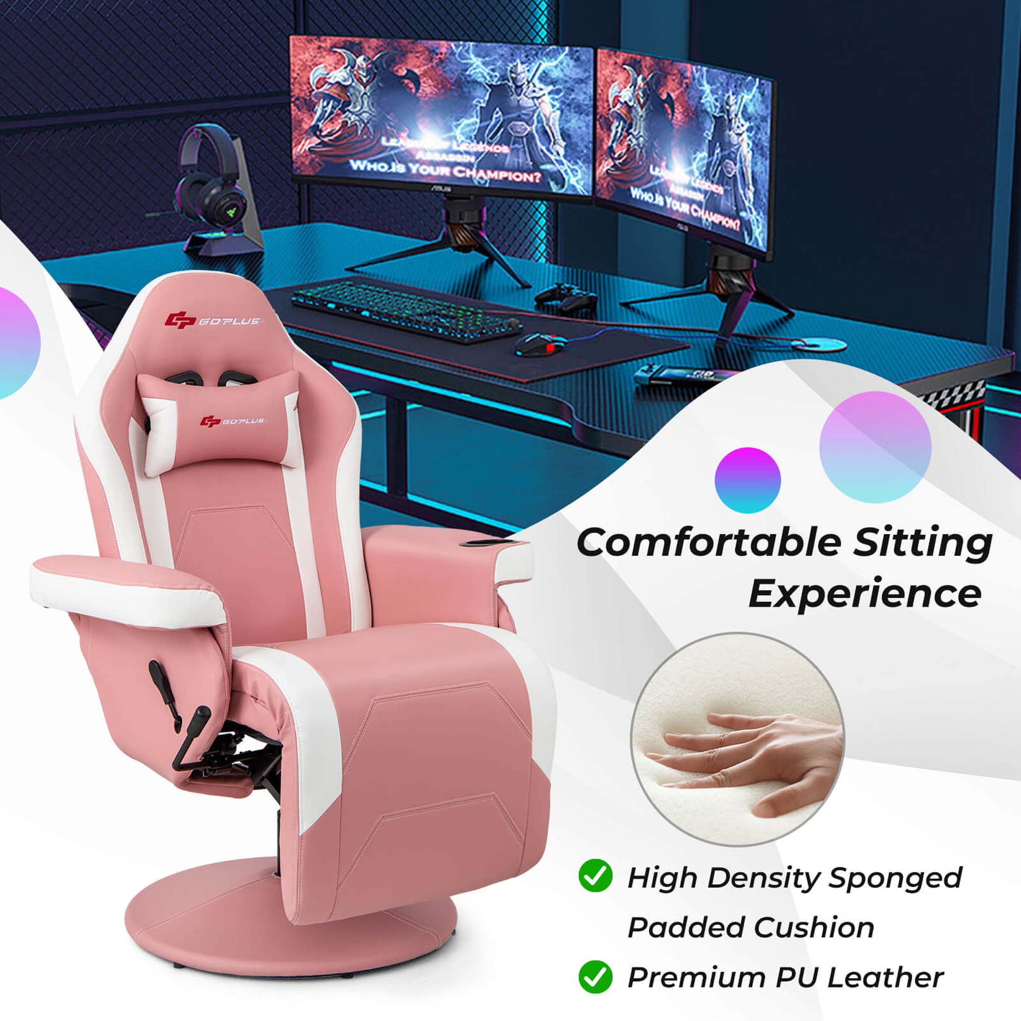 Goplus Massage Gaming Recliner Height Adjustable Racing Swivel Chair with Cup Holder Pink