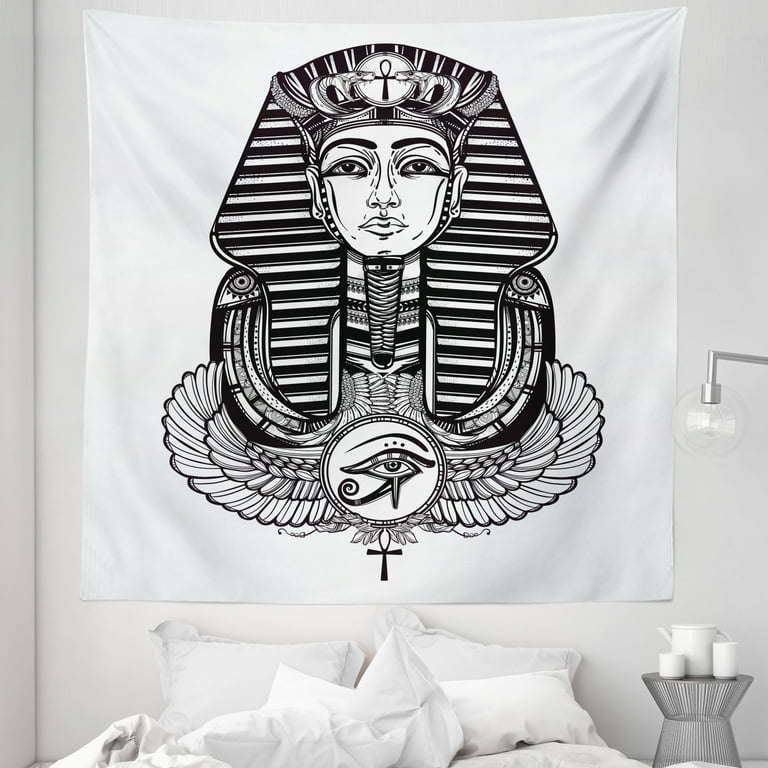 Egyptian Tapestry Hand drawn Vintage Tattoo Art of an Pharaoh with Winged Ankh Fabric Wall Hanging Decor for Bedroom Living Room Dorm 5 Sizes Black and White by Ambesonne Walmart