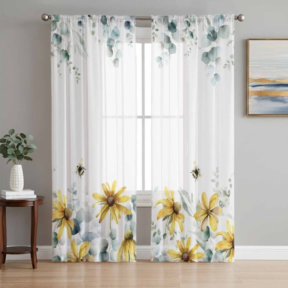 Sunflowers Bees Sheer Curtains 84 Inch Length 2 Panels Set, Spring Watercolor Eucalyptus Leaves Voile Window Treatment Rod Pocket Curtains Sheers Drapes for Bedroom/Living Room/Kitchen 52"x84"x2