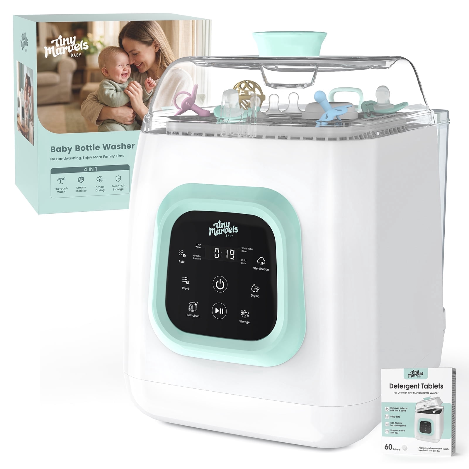 Tiny Marvels Baby Bottle Washer, Sterilizer and Dryer 5-in-1 All-in-One Baby Bottle Cleaner with Self-Cleaning, Water Purification, 13 Modes, 6 Bottle Capacity, Includes 60 cleaning tablets