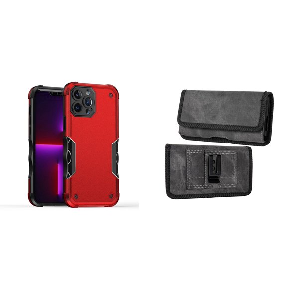 Case with Belt Holster Bundle for iPhone 14 Pro Max: Slim EX Hybrid Series Shockproof Case (Red) and Rugged Denim Nylon Phone Pouch (Grey)