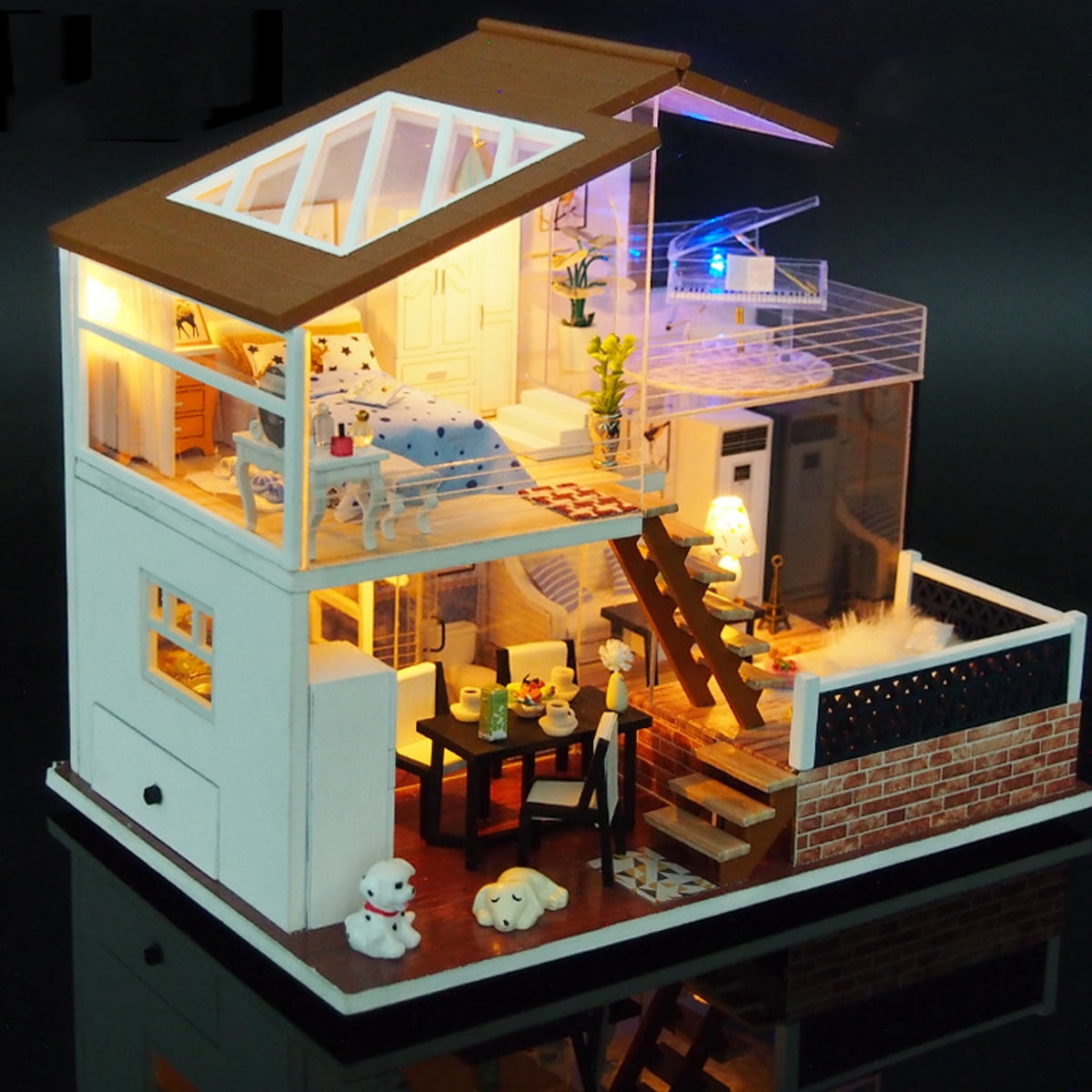 Stoneway LED Light Miniature Wooden Provence Doll House Mini Dollhouse