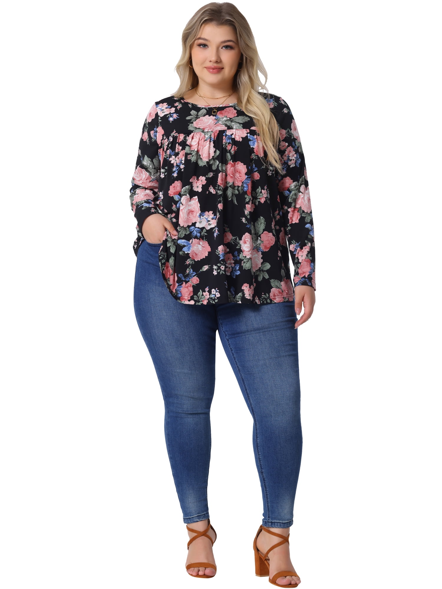 DARING DIVA Women's Plus Size Floral Long Sleeve Pleated Crew Neck Blouse 2X Black