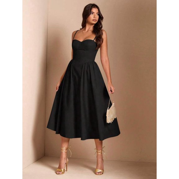 Black Spaghetti Strap Sweetheart Neck Fit & Flare Midi Dress