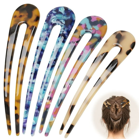 Hair Pins for Buns, Shape Tortoise Shell Hair Accessories for Women, 4.6 Inch French Large Pin Hair Sticks Clips for Thin Thick Hair, 4 Pack