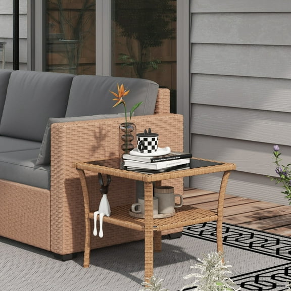 19.75" Patio Wicker Coffee Table w/ Two-tier Design, Side Table, Sand