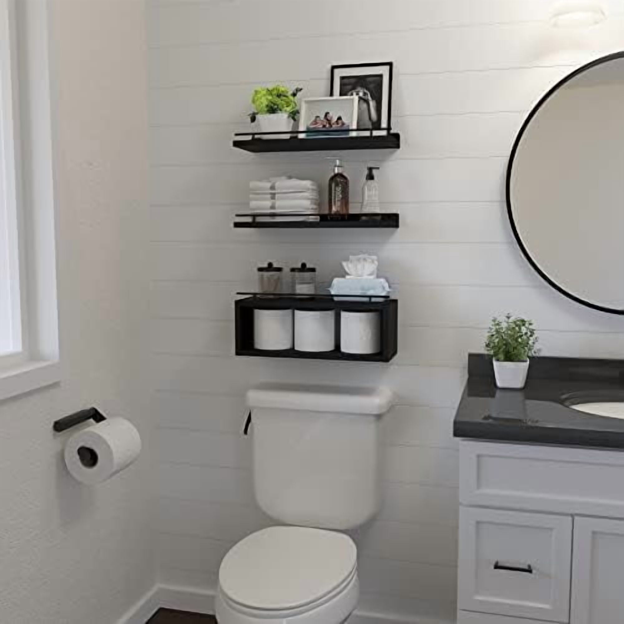 Floating Shelves for Wall with Cube Shelf, Wall Shelves with Metal Rail for Bathroom Decor, Bathroom Organizers and Storage, Over Toilet Shelves for Toilet Paper-Black
