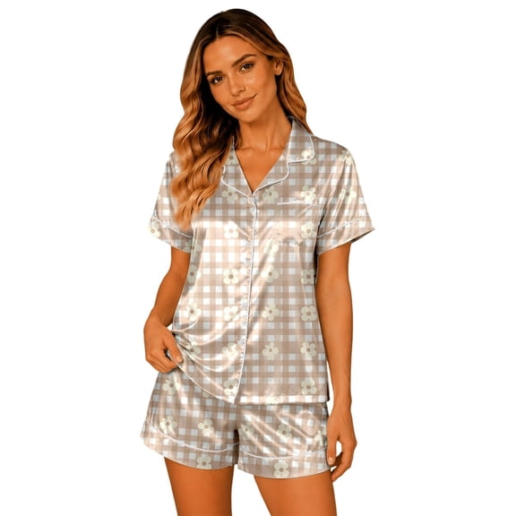 XFeng Women Plaid Satin 2 Piece Pajama Set