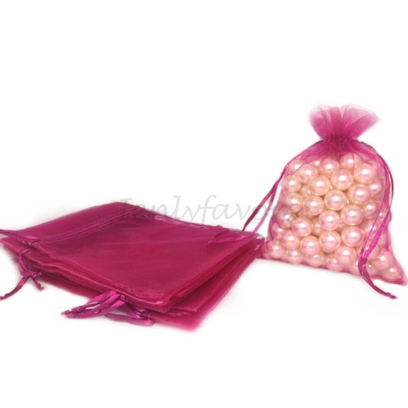 5" X 6-1/2" Hot Pink Drawstring Sheer Organza Bags (24 Pieces)