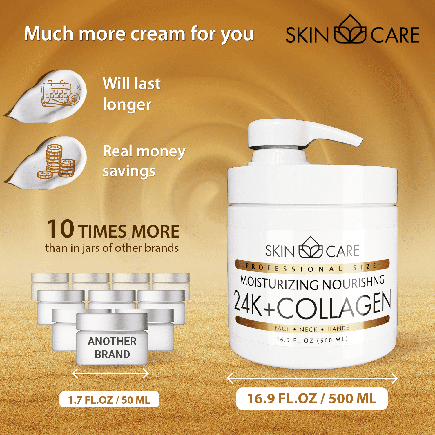 Skin Care 3-in-1 24K Gold & Collagen Moisturizing Cream for Face, Neck and Hands - Delicate and Easily Absorbed Daily Cream for All Skin Types - 16.9 fl. oz.
