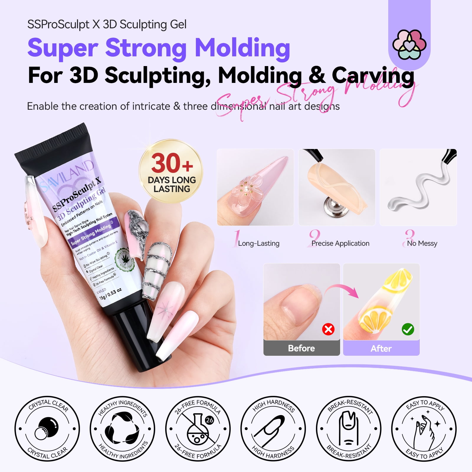 SAVILAND 3D Sculpting Gel and Chrome Nail Powder Kit: 15g No Wipe Clear 3D Nail Gel for Nail Art, 3D Carving Nail Molding Gel & Metallic Chrome Powder Set for Gel Nail Art Decoration Manicure