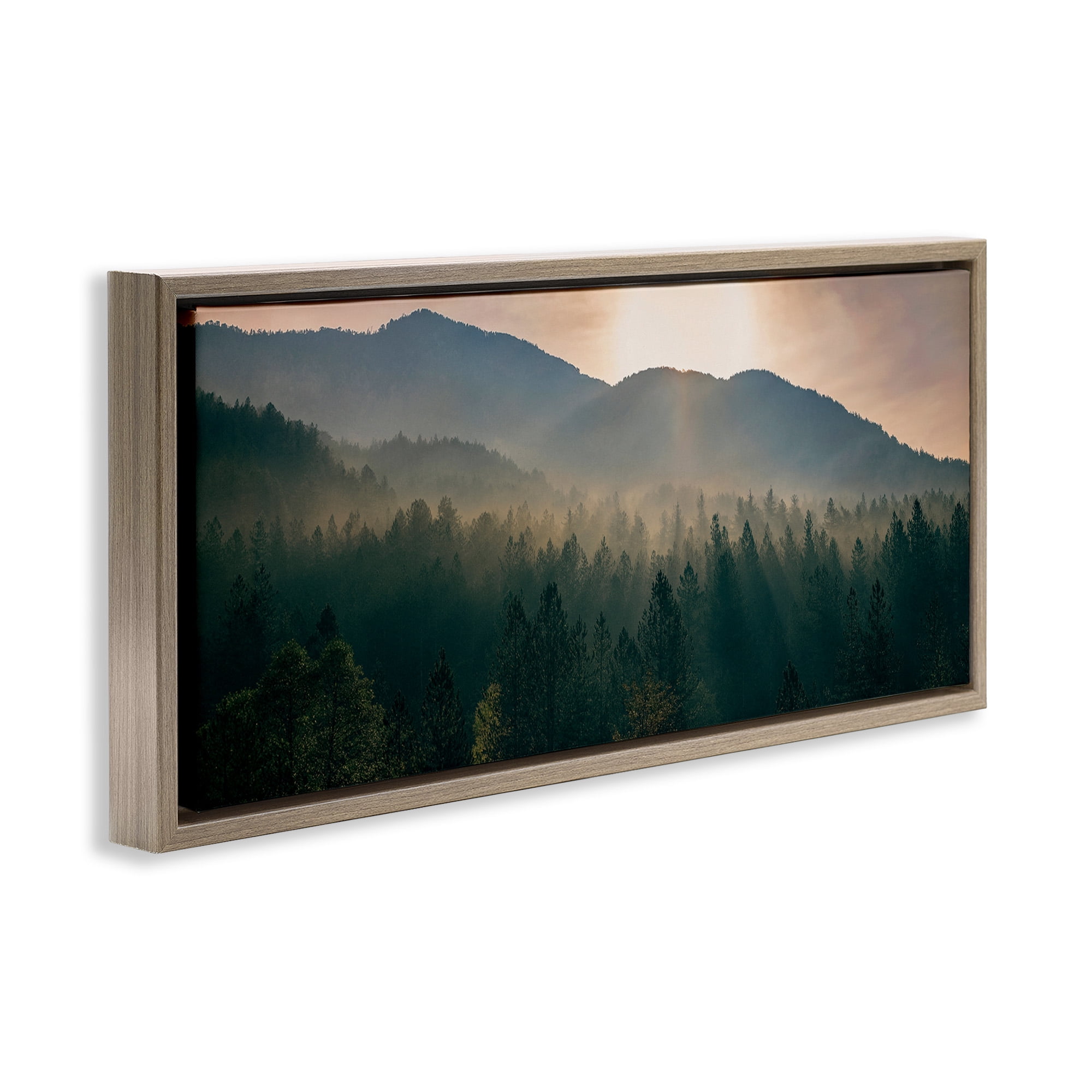 Stupell Industries Morning Sun over Misty Trees Landscape Photography Brown Floater Framed Canvas Art Print Wall Art, 25 x 11