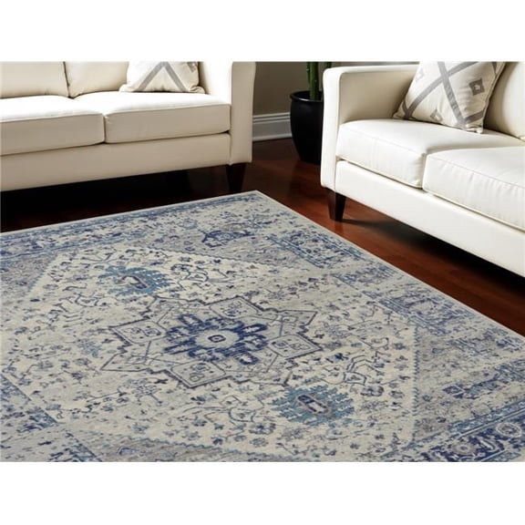 HomeRoots 551039 7 x 10 ft. Floral Medallion Distressed Rectangle Area Rug, Ivory & Light Blue
