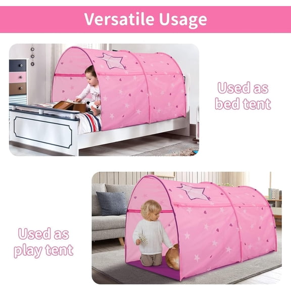 Starlight Bed Canopy Tent for Kids - Pink Twin Size Playhouse with Stars Print & Storage Pocket
